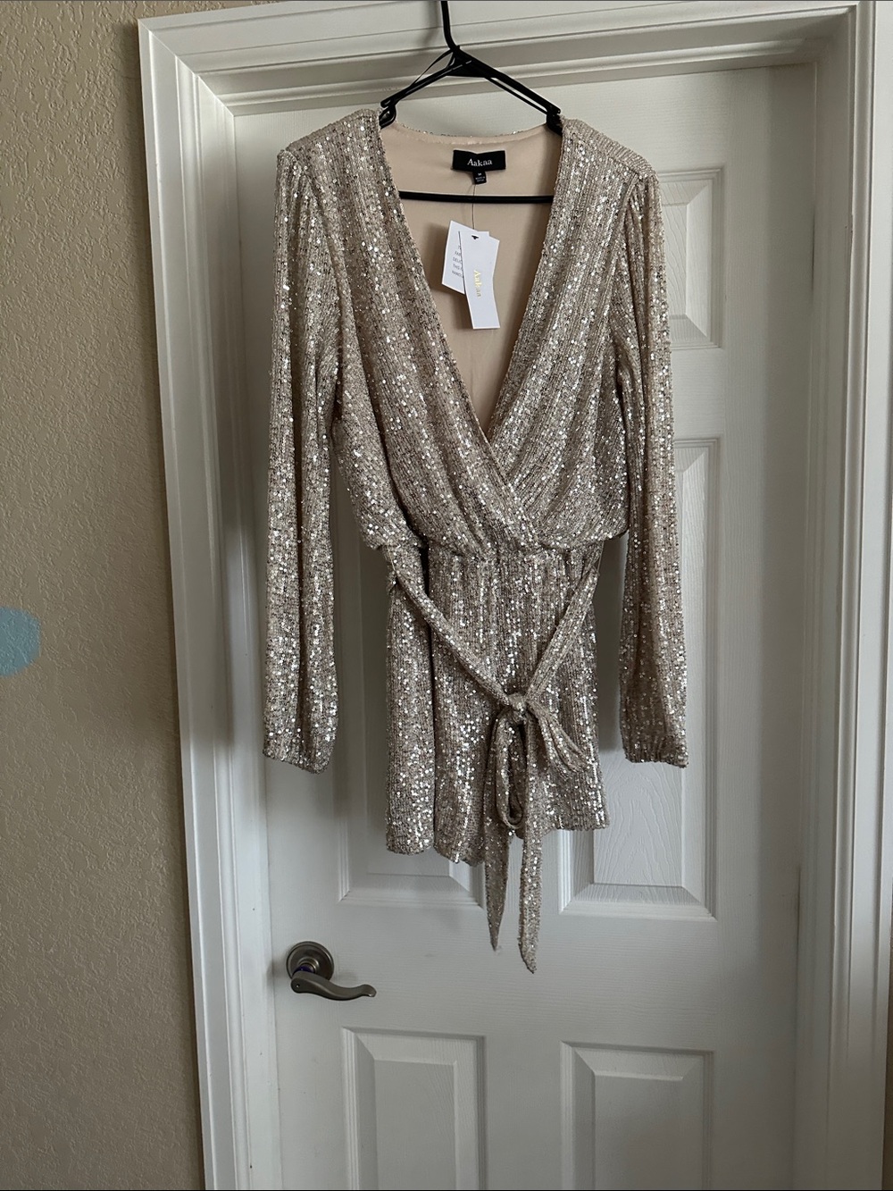 Aakaa Shimmer Sequin romper in Champagne Beige